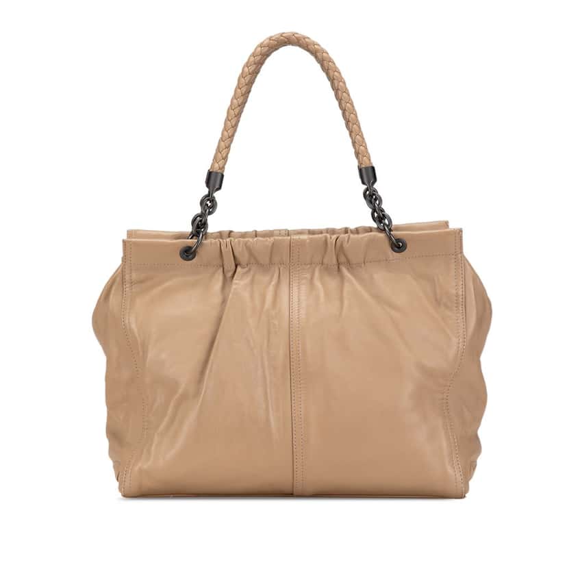 Bottega Veneta Intrecciato Trimmed Calfskin Handbag Brown Leather Good condition - Front View