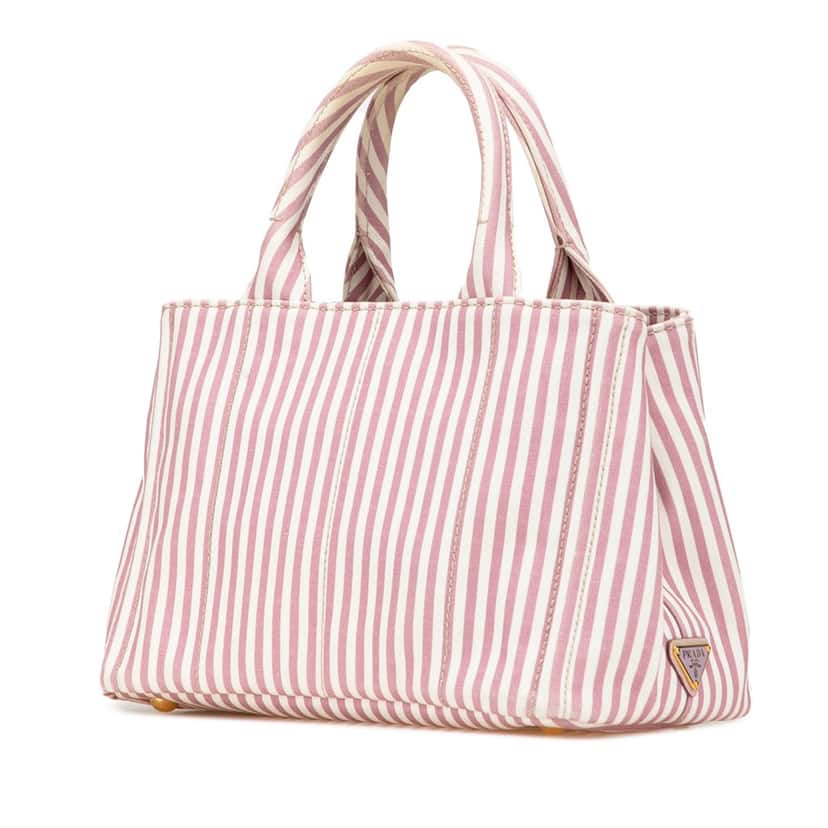 Prada Small Canvas Canapa Logo Stripes Satchel Pink Canvas Good condition - Back View