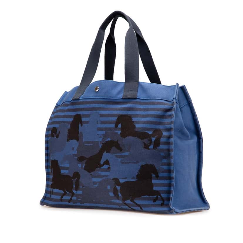 Hermès Toile Chevaux En Camouflage Beach Tote Blue Canvas Good condition - Back View
