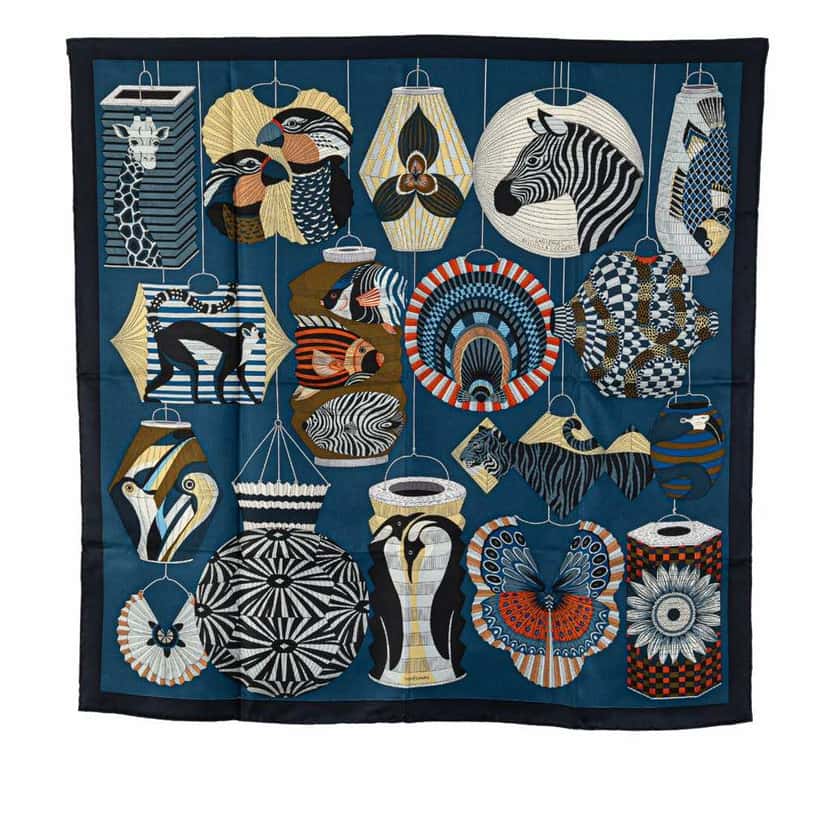 Hermès Lanternes Ballons et Cocardes Silk Scarf Blue Silk Good condition - Front View
