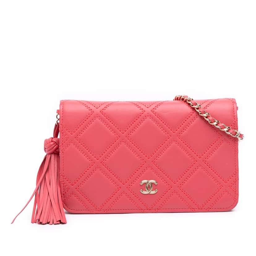 Chanel Quilted Lambskin Double Stitch Tassel Wallet On Chain Pink Leather Good condition - Front View