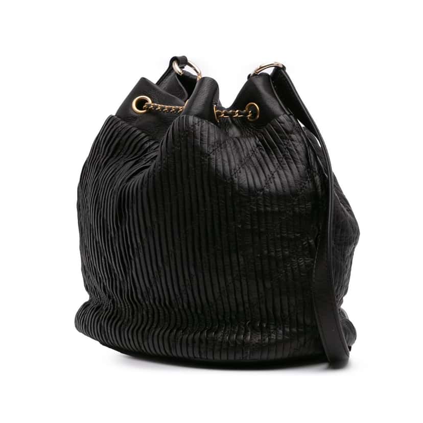 Chanel Medium Crumpled Calfskin Coco Pleats Drawstring Bucket Bag Black Leather Good condition - Back View