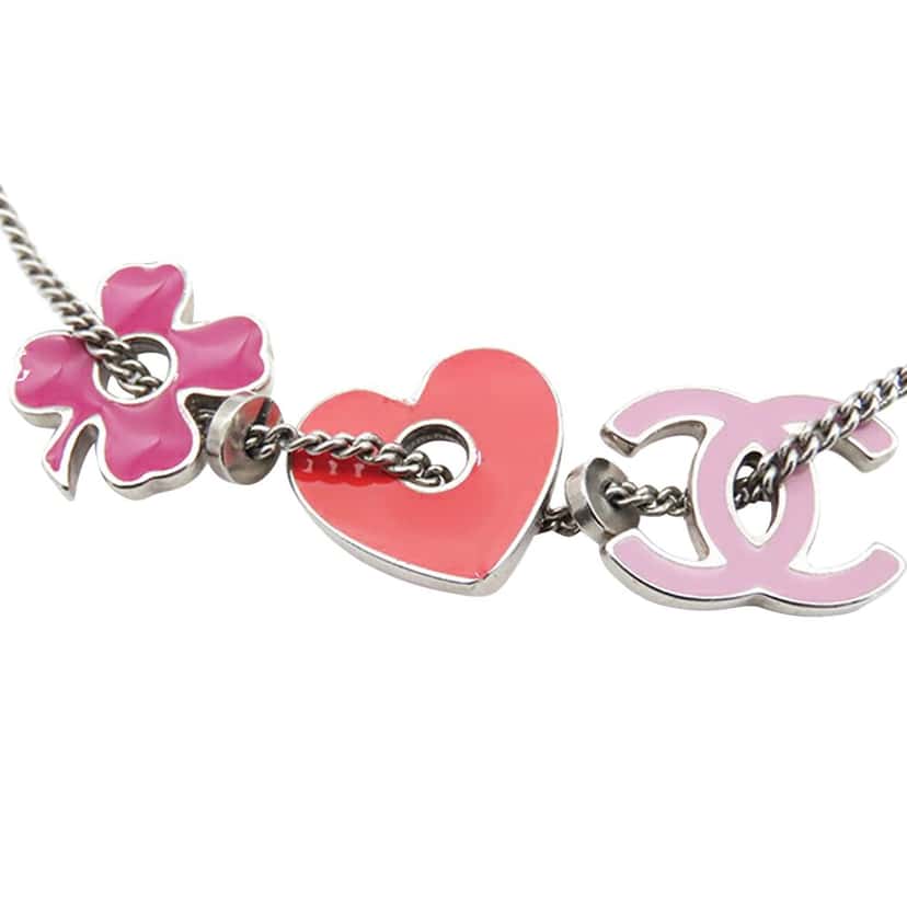Chanel CC Silver Plated Enamel Heart and Clover Charm Pendant Necklace Silver Silver Very good condition - Inside View