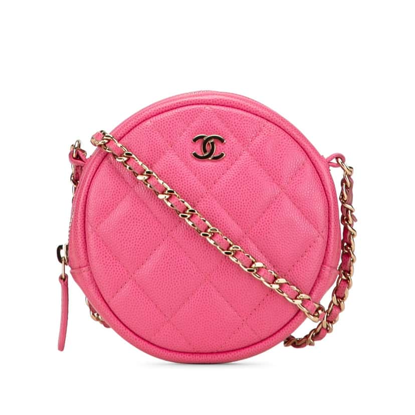 Chanel CC Quilted Caviar Round Clutch With Chain Pink Leather Good condition - Front View