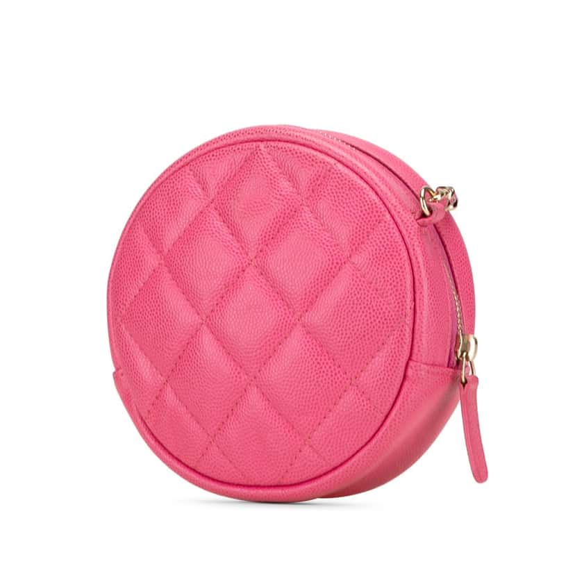 Chanel CC Quilted Caviar Round Clutch With Chain Pink Leather Good condition - Back View