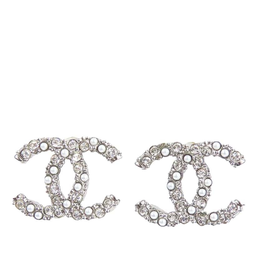 Chanel Silver Plated CC Rhinestones and Pearl Push Back Earrings Silver Silver Good condition - Front View