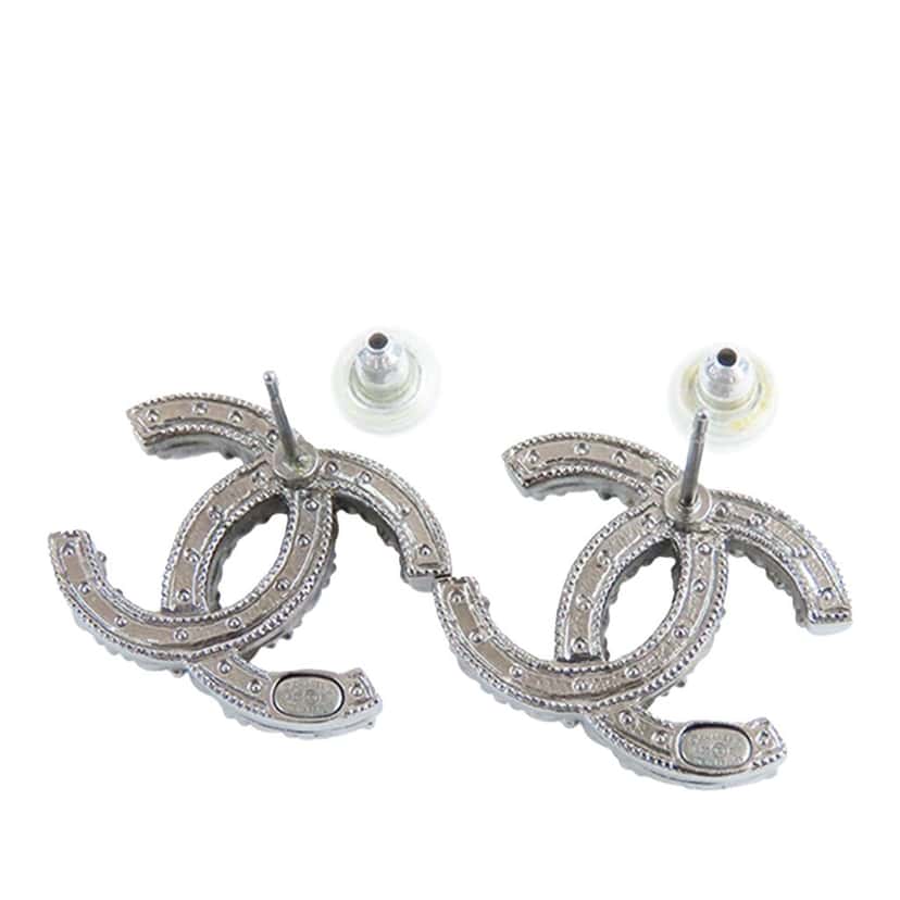 Chanel Silver Plated CC Rhinestones and Pearl Push Back Earrings Silver Silver Good condition - Back View