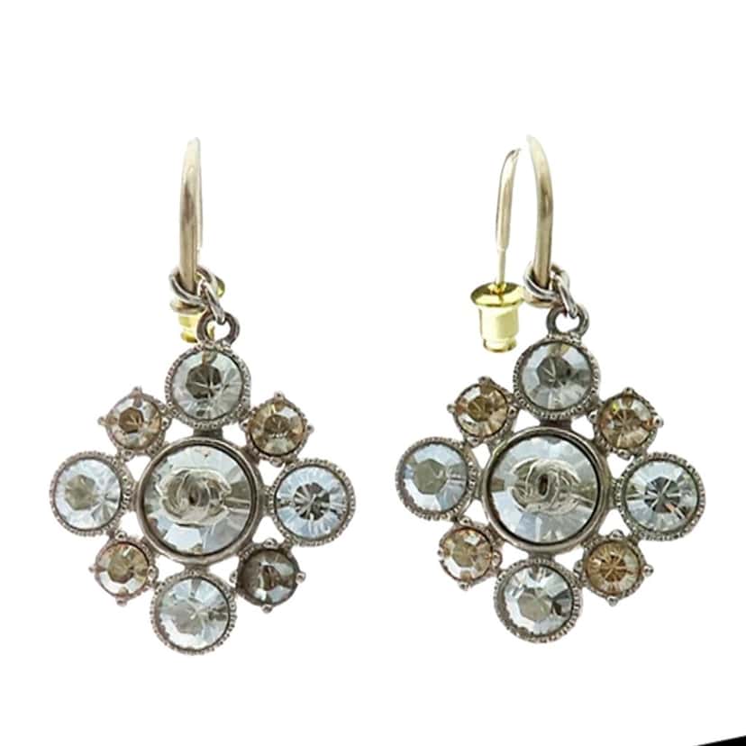 Chanel CC Silver Plated Crystal Dangle Earrings Silver Metal Good condition - Front View