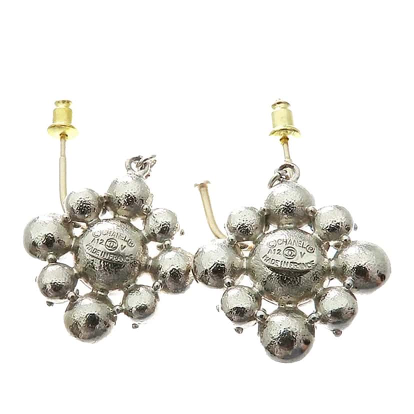Chanel CC Silver Plated Crystal Dangle Earrings Silver Metal Good condition - Back View