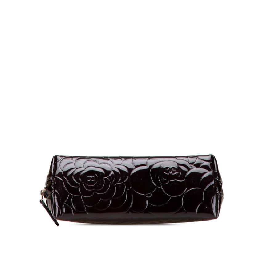 Chanel Patent Camellia Cosmetic Pouch Black Leather Good condition - Inside View