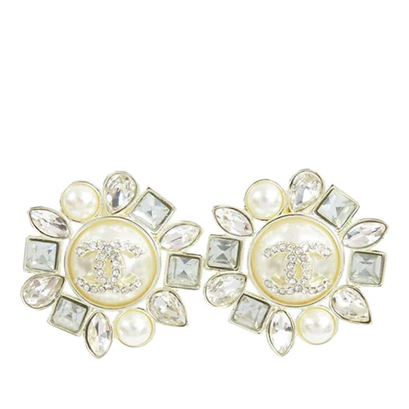 Chanel Gold Plated CC Round Crystal and Faux Pearl Push Back Earrings Gold Metal Good condition - Front View
