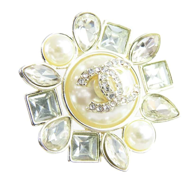 Chanel Gold Plated CC Round Crystal and Faux Pearl Push Back Earrings Gold Metal Good condition - Back View
