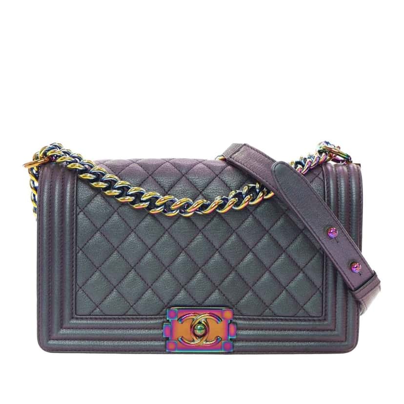 Chanel Old Medium Quilted Iridescent Goatskin Boy Flap Purple Leather Good condition - Front View