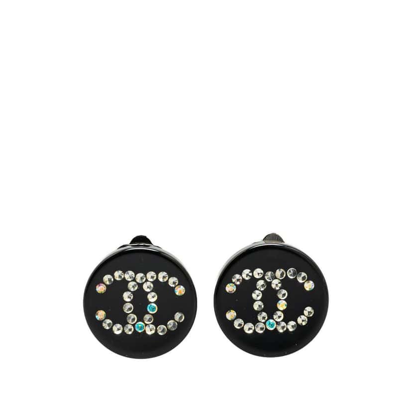 Chanel Resin Rhinestone CC Clip On Earrings Black Good condition - Front View