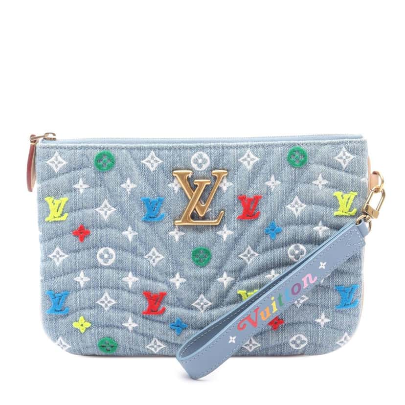 Louis Vuitton Embroidered Monogram Denim New Wave Zipped Pochette Blue Denim Good condition - Front View