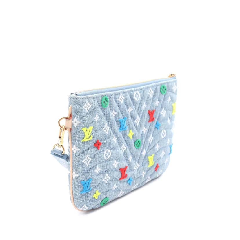 Louis Vuitton Embroidered Monogram Denim New Wave Zipped Pochette Blue Denim Good condition - Back View