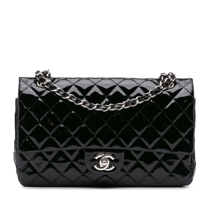 Chanel Medium Classic Patent Double Flap Black Leather Good condition - Front View