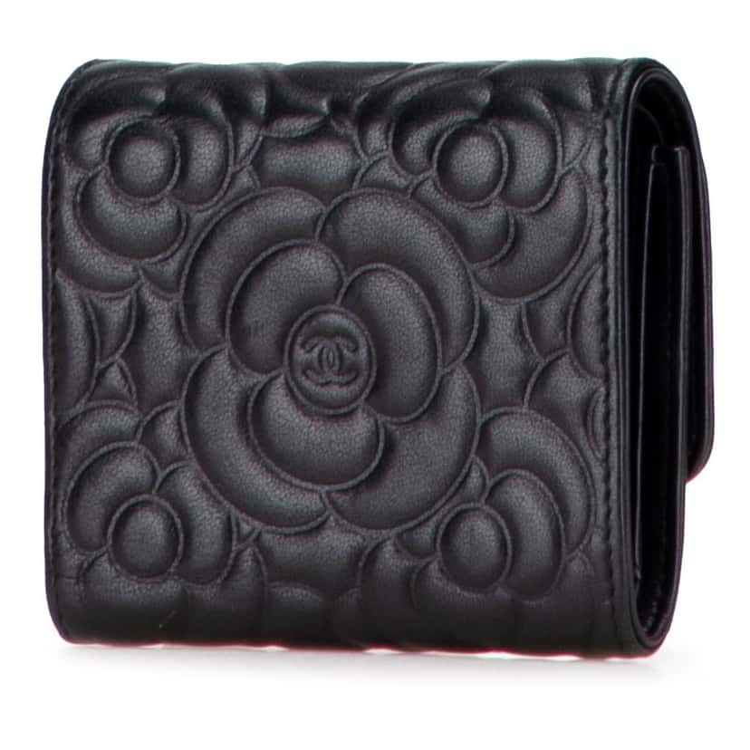 Chanel CC Embossed Goatskin Camellia Trifold Compact Wallet Black Leather Good condition - Back View