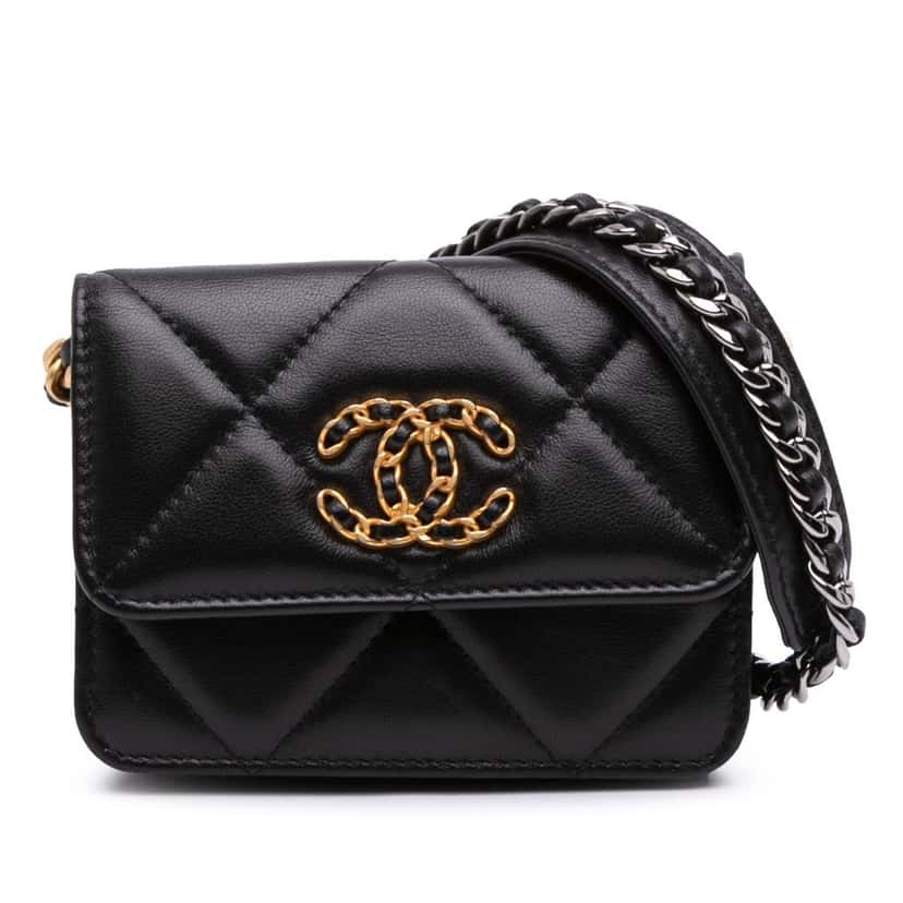 Chanel Lambskin 19 Flap Coin Purse With Chain Black Leather Good condition - Front View