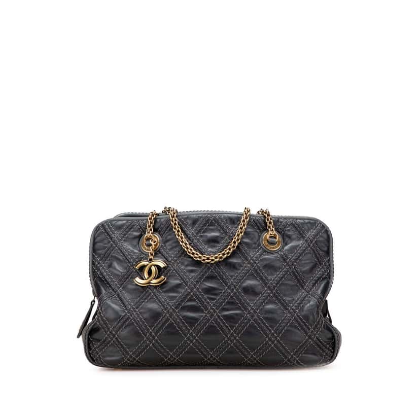 Chanel Quilted Calfskin Stitch Triptych Shoulder Bag Black Leather Good condition - Front View