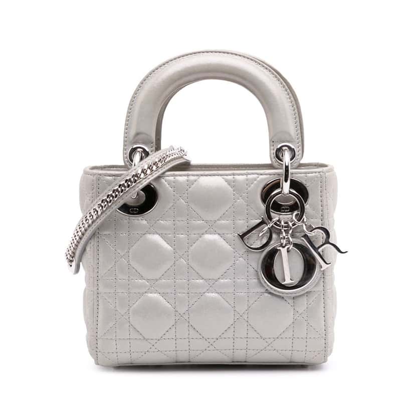 Dior Mini Iridescent Lambskin Cannage Lady Dior Silver Leather Good condition - Front View