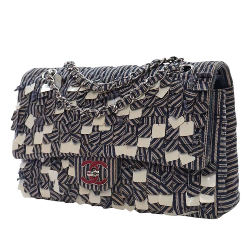 Chanel Medium Classic Canvas Sequin Stripes Double Flap Blue Canvas Good condition - Back View