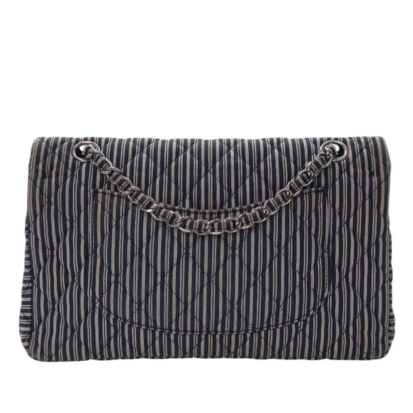 Chanel Medium Classic Canvas Sequin Stripes Double Flap Blue Canvas Good condition - Model View