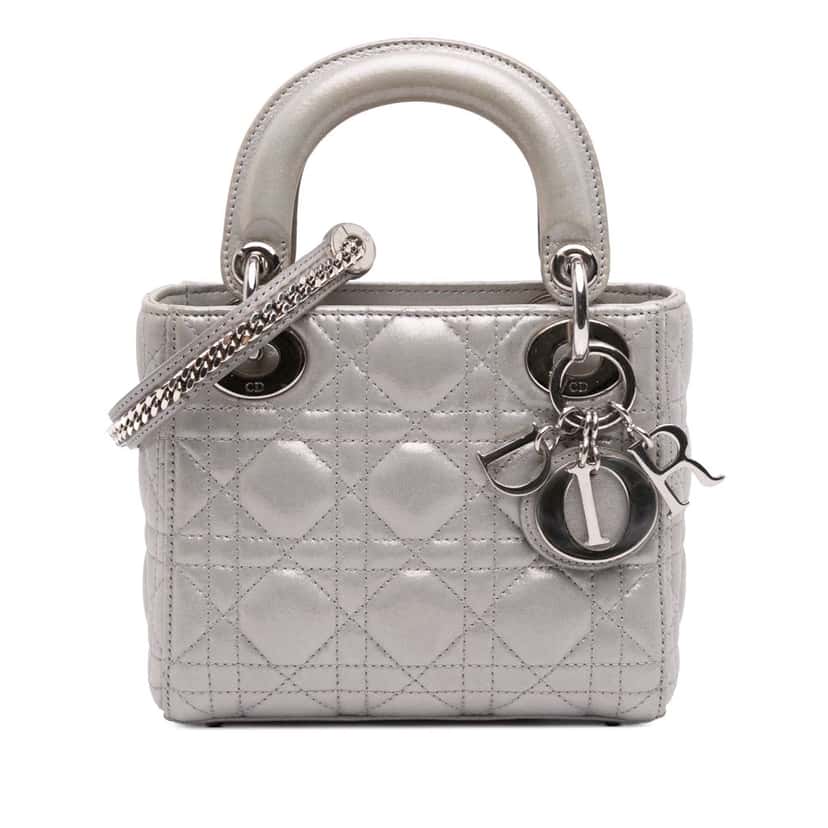 Dior Mini Iridescent Lambskin Cannage Lady Dior Silver Leather Good condition - Front View