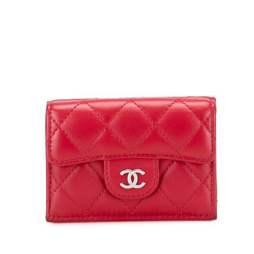 Chanel CC Quilted Lambskin Trifold Wallet Red Leather Good condition - Front View
