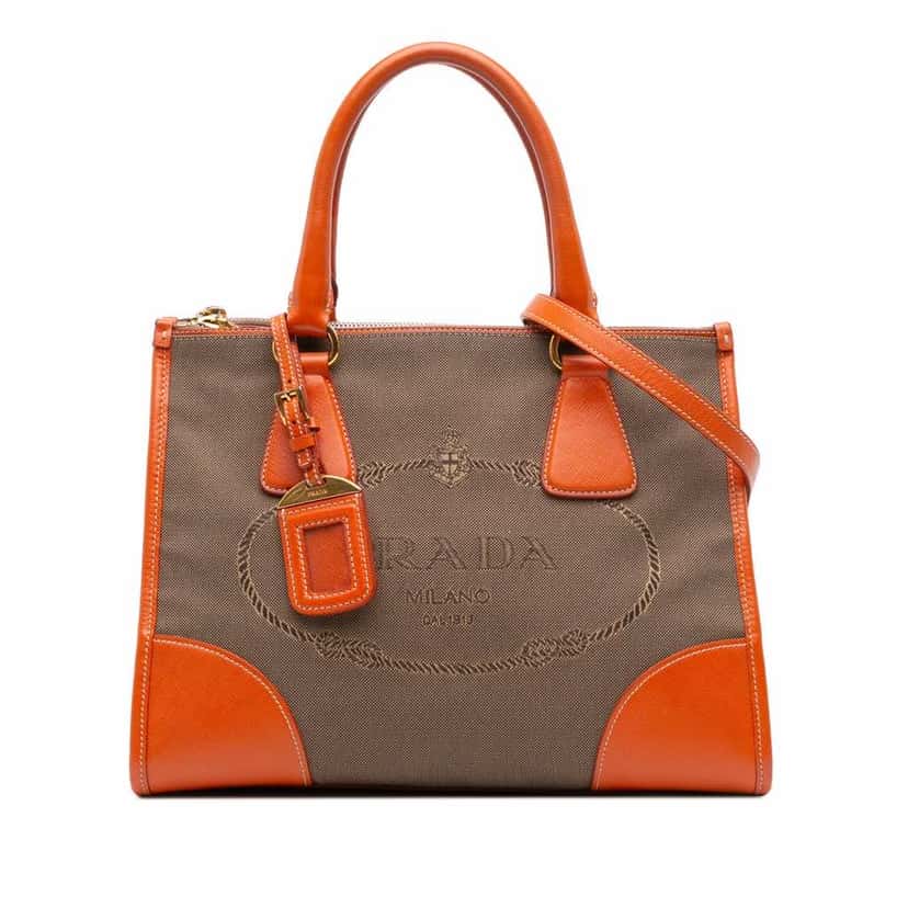 Prada Saffiano Trimmed Canvas Canapa Logo Double Zip Satchel Brown Canvas Very good condition - Front View
