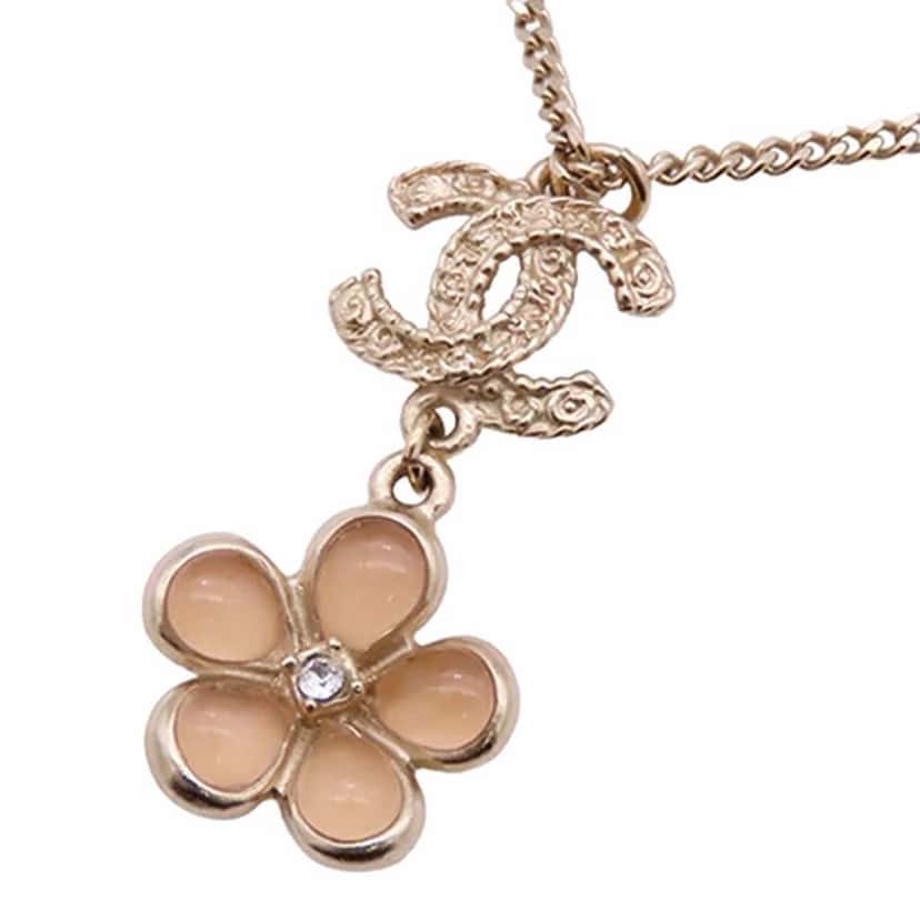 Chanel Gold Plated Resin Rhinestone CC Flower Pendant Necklace Gold Metal Good condition - Back View