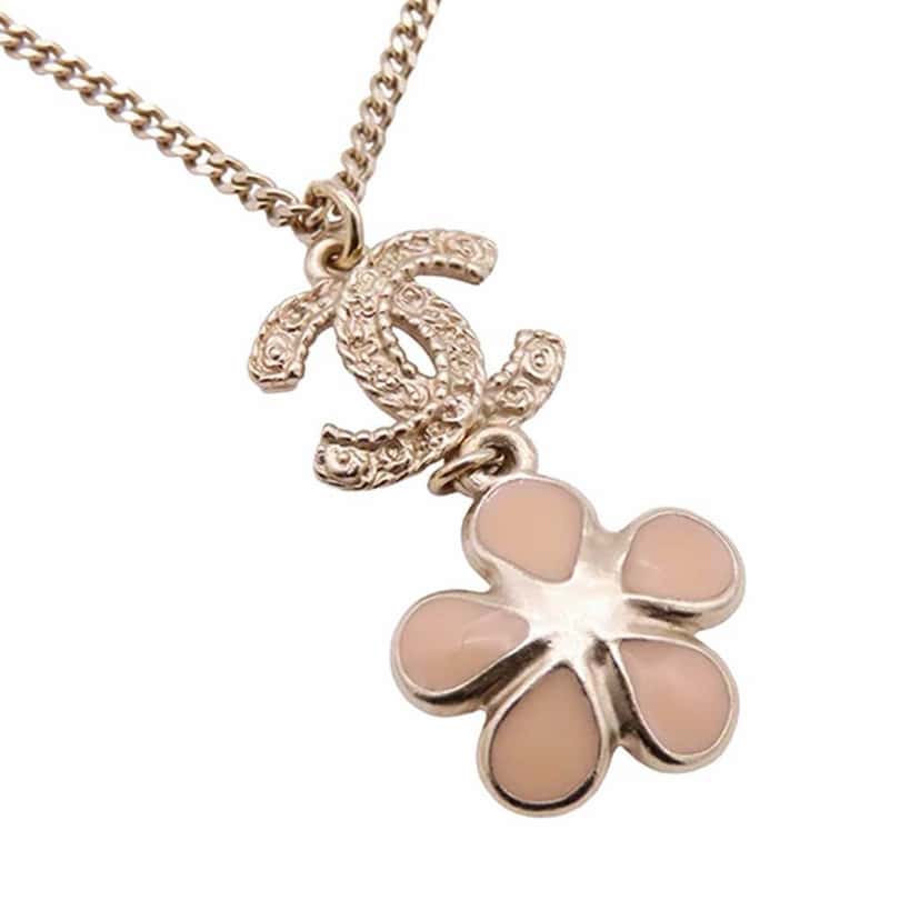 Chanel Gold Plated Resin Rhinestone CC Flower Pendant Necklace Gold Metal Good condition - Inside View
