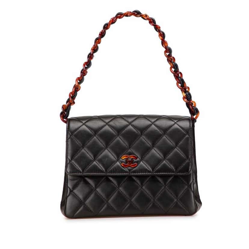 Chanel CC Quilted Lambskin Tortoise Chain Flap Black Leather Good condition - Front View