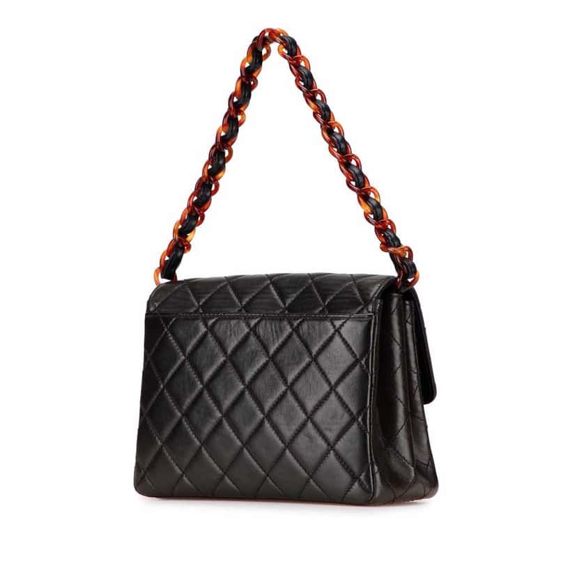 Chanel CC Quilted Lambskin Tortoise Chain Flap Black Leather Good condition - Back View