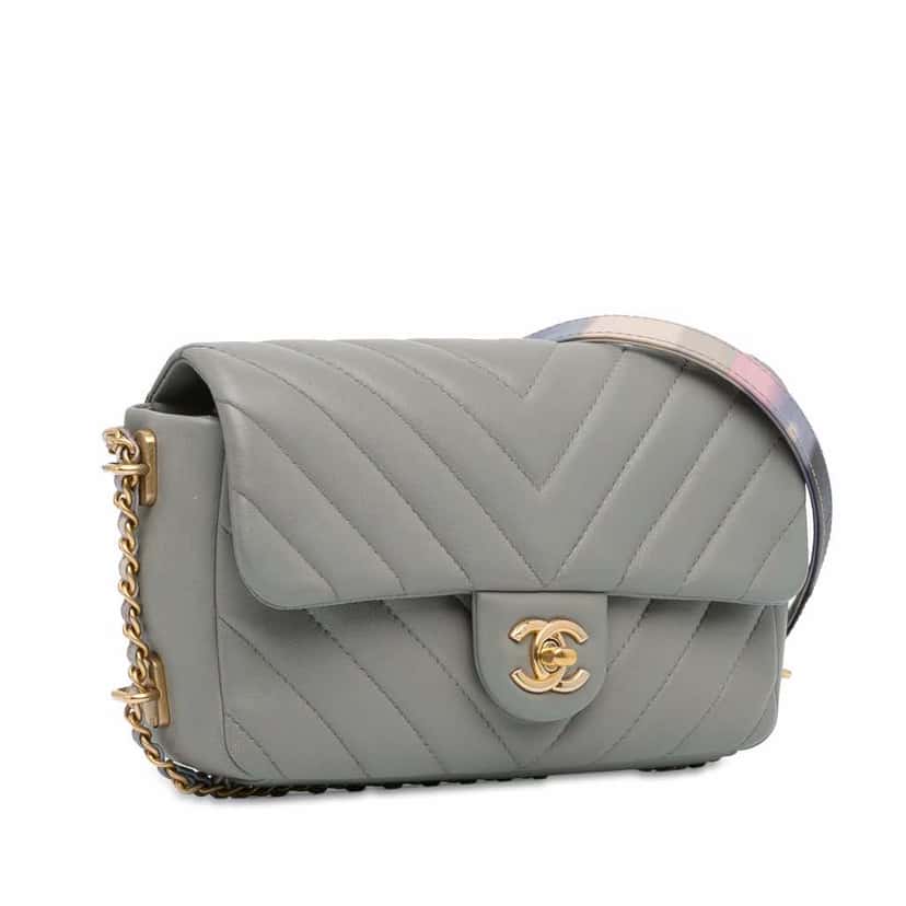 Chanel Mini Rectangular Chevron Lambskin Chain Around Flap Grey Leather Good condition - Back View