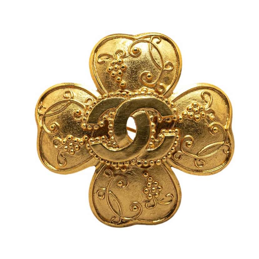 Chanel Gold Plated CC Clover Brooch Gold Metal Good condition - Front View