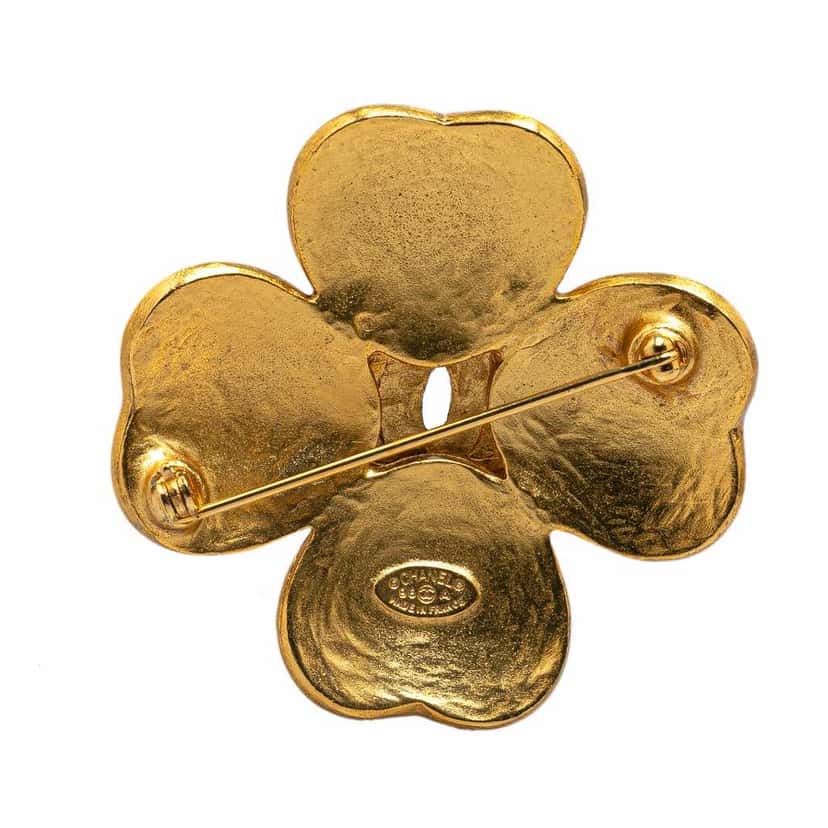 Chanel Gold Plated CC Clover Brooch Gold Metal Good condition - Back View