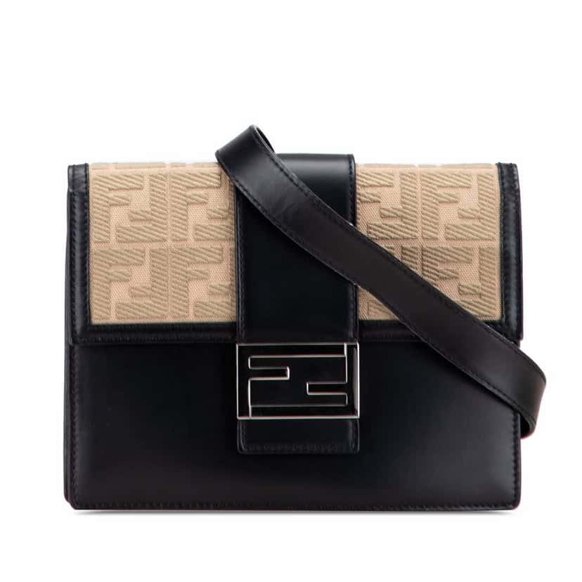 Fendi Calfskin and Canvas FF 1974 Flat Baguette Crossbody Black Leather Good condition - Front View