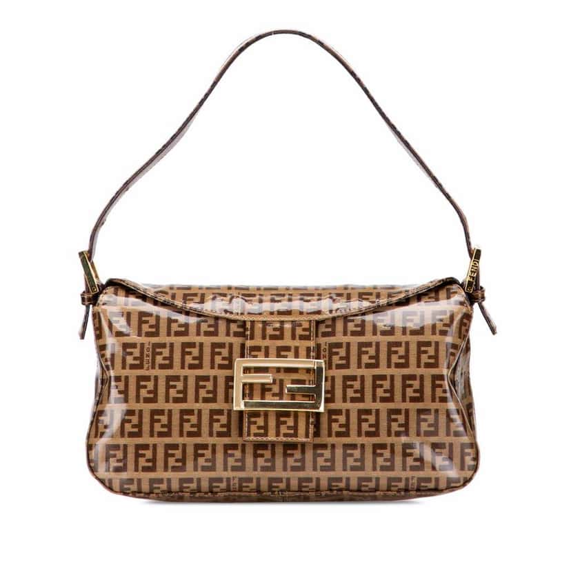 Fendi Zucchino Crystal Double Flap Shoulder Bag Brown Canvas Good condition - Front View