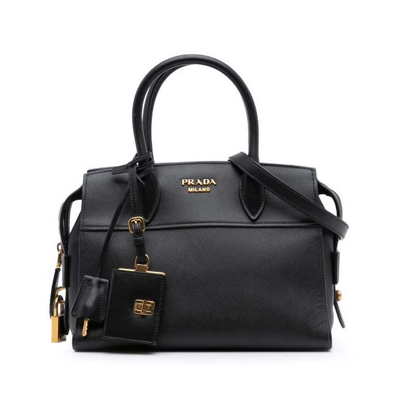 Prada Small Saffiano and City Calf Esplanade Satchel Black Leather Good condition - Front View