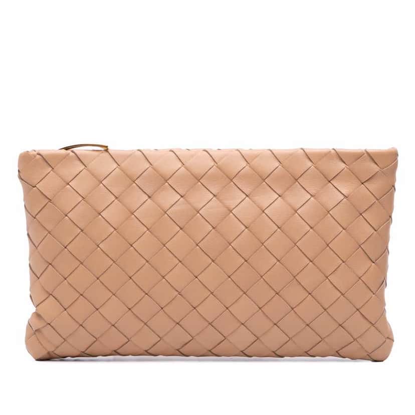 Bottega Veneta Small Nappa Intrecciato Zip Pouch Brown Leather Good condition - Front View