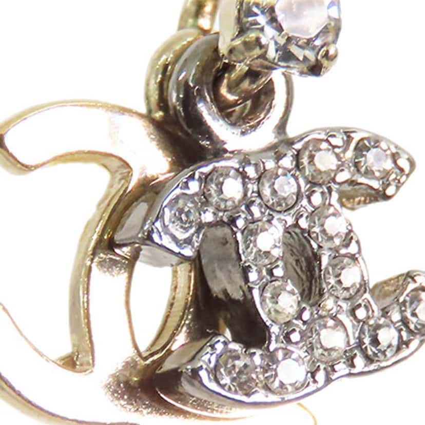 Chanel Gold and Silver Plated CC Rhinestones Drop Push Back Earrings Gold Metal Good condition - Model View