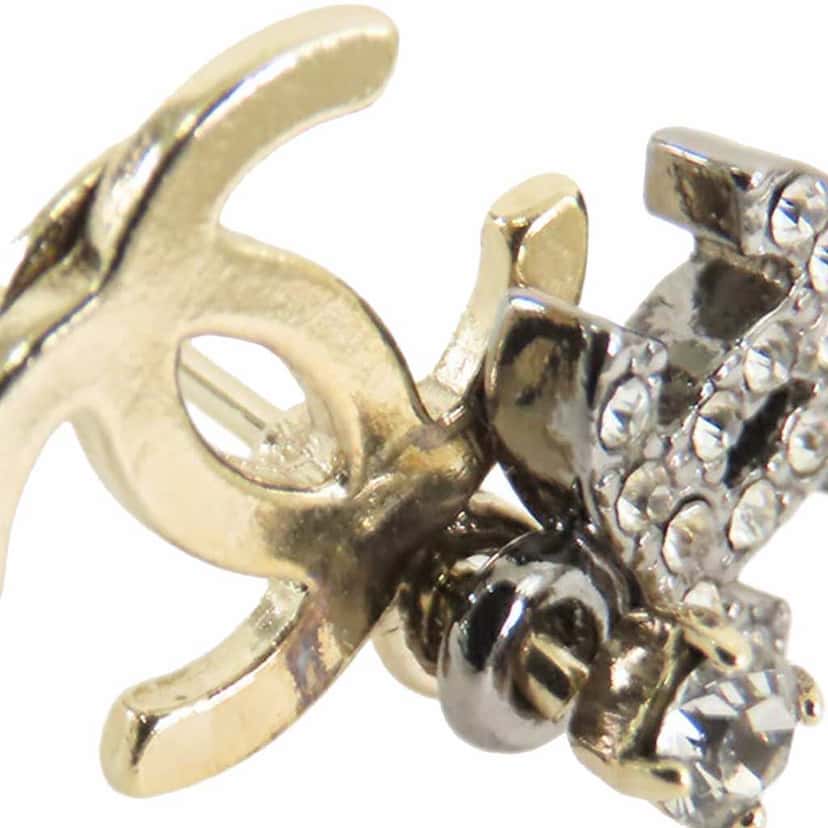 Chanel Gold and Silver Plated CC Rhinestones Drop Push Back Earrings Gold Metal Good condition - Box View