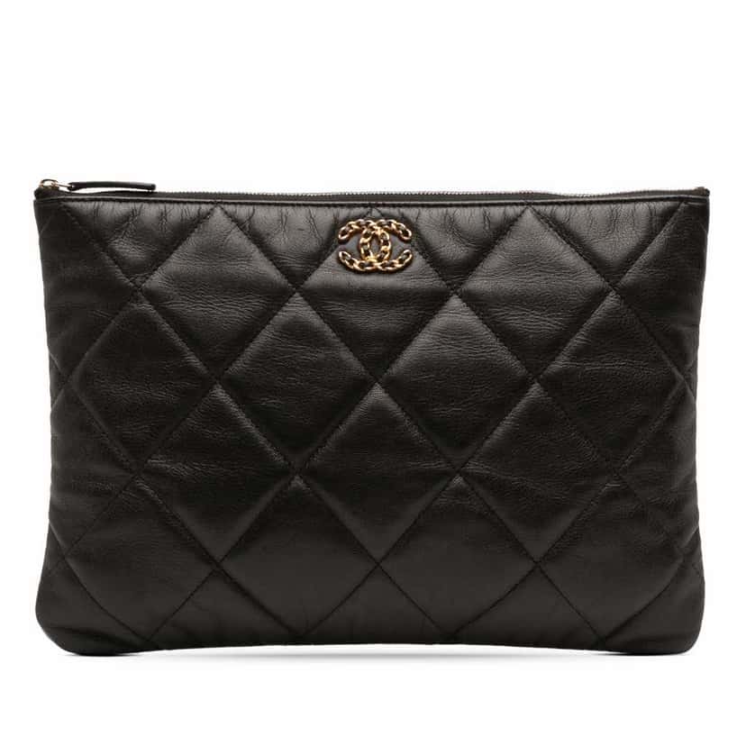 Chanel Large Goatskin 19 O Case Clutch Black Leather Good condition - Front View