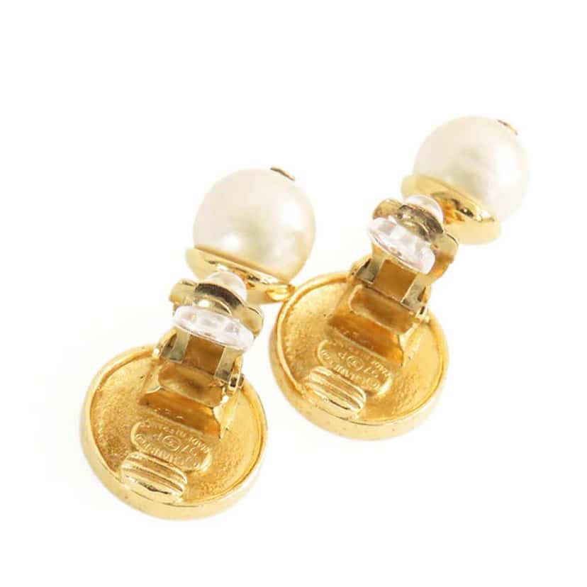 Chanel Gold Plated Faux Pearl Logo Clip on Drop Earrings Gold Metal Good condition - Back View