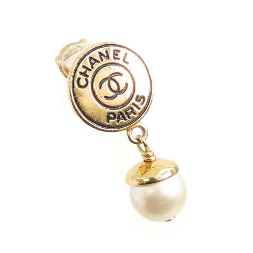 Chanel Gold Plated Faux Pearl Logo Clip on Drop Earrings Gold Metal Good condition - Box View