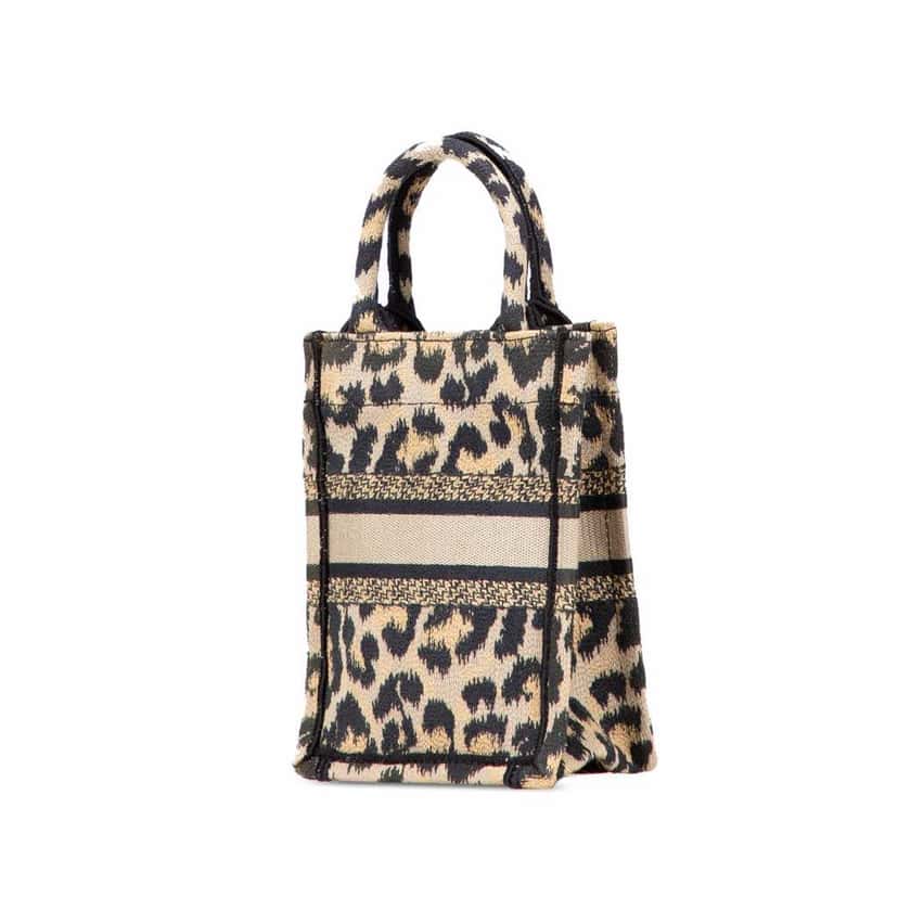 Dior Mizza Mini Embroidered Canvas Leopard Vertical Book Tote Brown Canvas Good condition - Back View