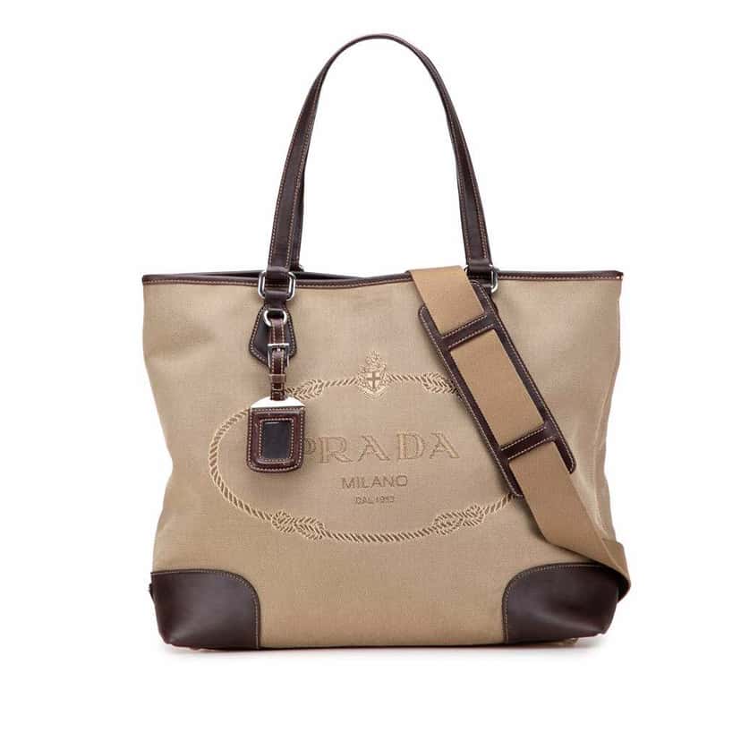 Prada Leather Trimmed Canvas Canapa Logo Satchel Brown Canvas Good condition - Front View