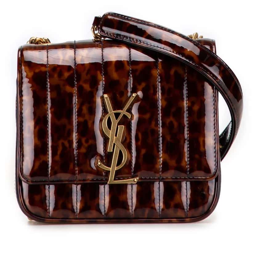 Saint Laurent Small Patent Monogram Tortoiseshell Vicky Chain Bag Brown Leather Good condition - Front View