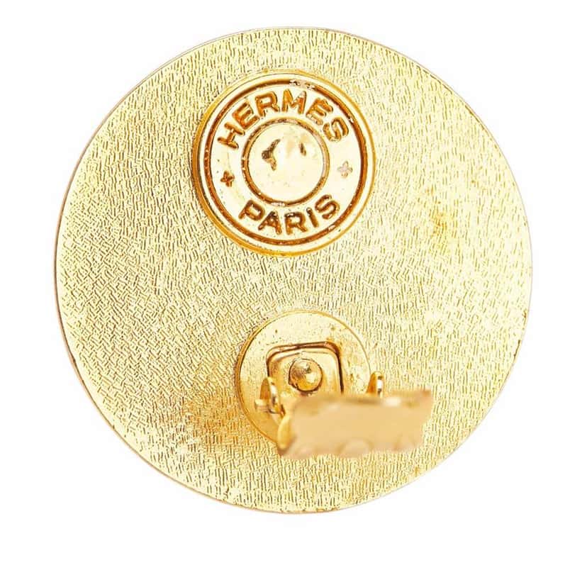 Hermès Gold Plated and Leather Medor Round Clip on Earrings Red Leather Good condition - Inside View